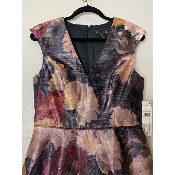 NWT AIDAN MATTOX DRESS FLORAL BLACK PINK FIT FLARE SHORT COCKTAIL METALLIC PINK - Picture 8 of 15